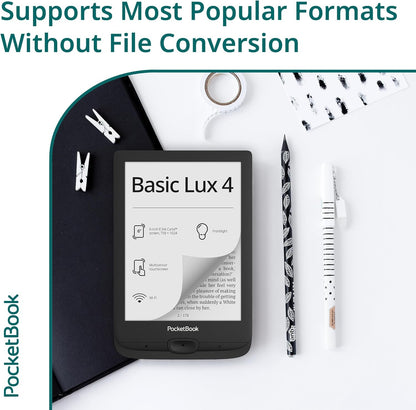 PocketBook Basic Lux 4 E-Book Reader | 6ʺ Glare-Free & Eye-Friendly E-Ink Technology | Compact & Lightweight E-Reader | Frontlight | Touchscreen | Wi-Fi | Dictionaries | Micro-SD Slot