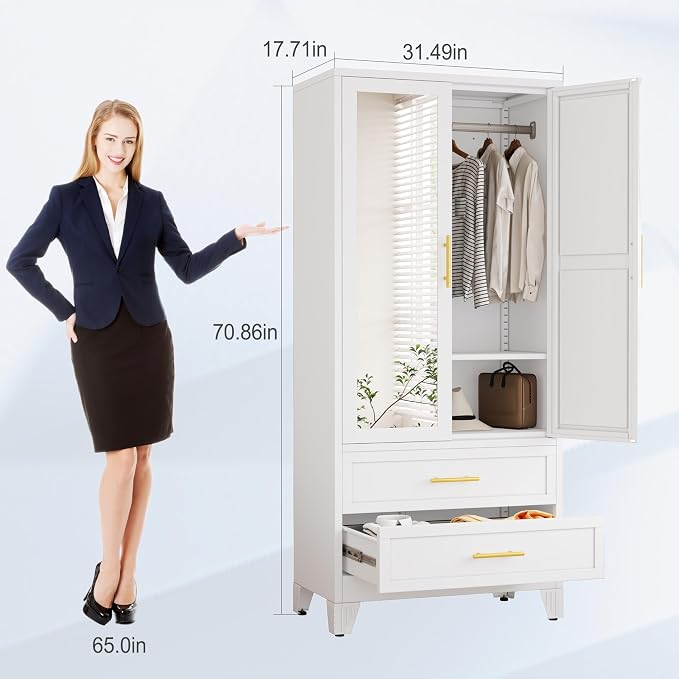 erosoei Metal Armoire Wardrobe Closet, 71 "Metal Clothing Storage Cabinet with Mirror and Adjustable Shelves, Household Steel Wardrobe Storage Cabinet with 2 Drawers and Hanging Rod(Armoire-White)