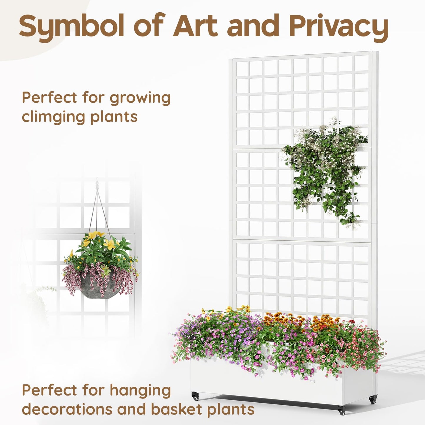 Metal Planter Box with Trellis,72"x35"x15",Galvanized Raised Garden Bed Trellis Outdoor Planter with Privacy Screen & Wheels and Drainage Holes,for Patio Climbing Vegetables,Flowers,Vines,White