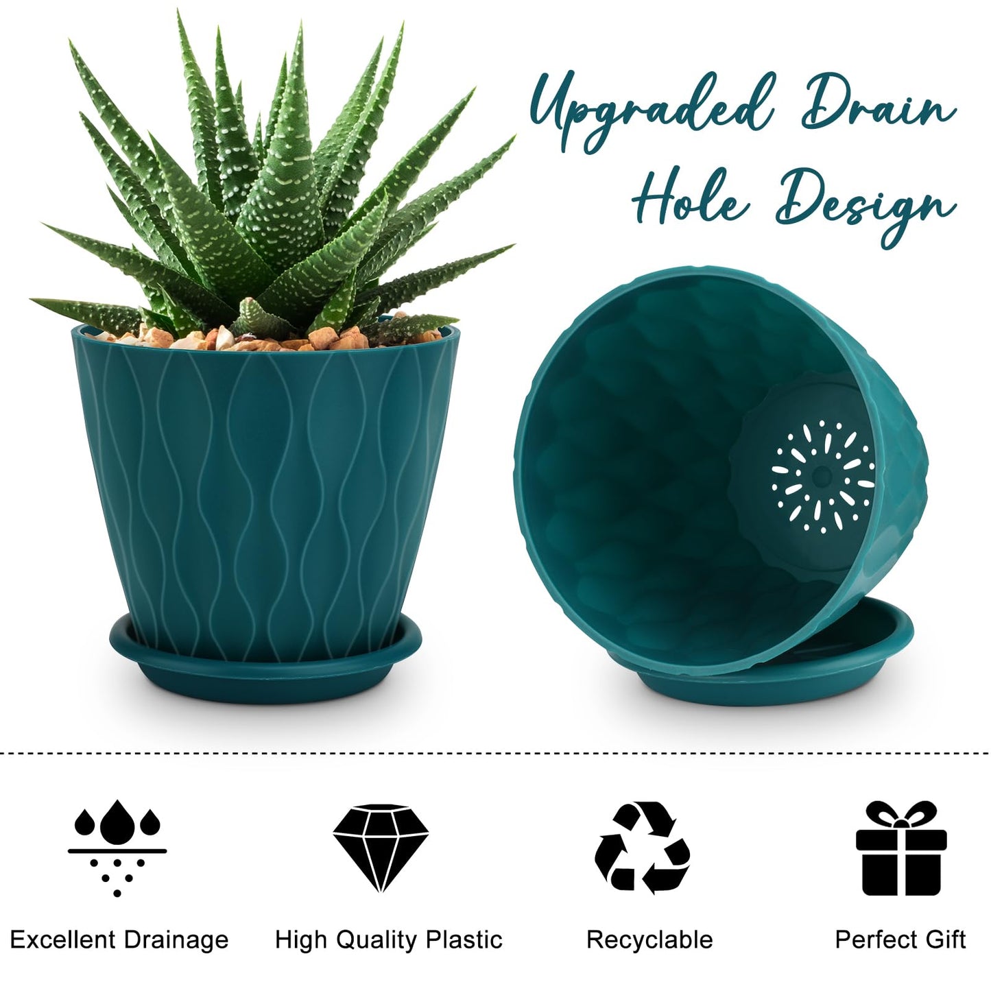 YNNICO 6 inch Plant Pots, 5 Pack Flower Pots Outdoor Indoor, Planters with Drainage Hole and Tray Saucer(Blue