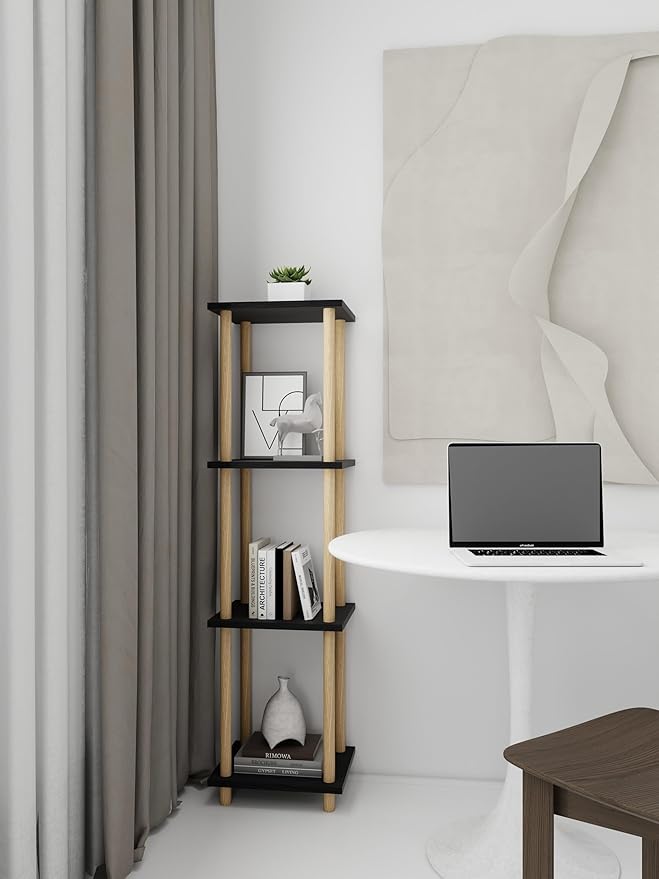 Haeterna 4-Tier Black Bookshelf, Wooden Bookcase with Open Shelves, for Small Spaces,Living Room Bedroom Office,No-Tool Assembly,11.8" D x 14.1" W x 47.2" H inches.