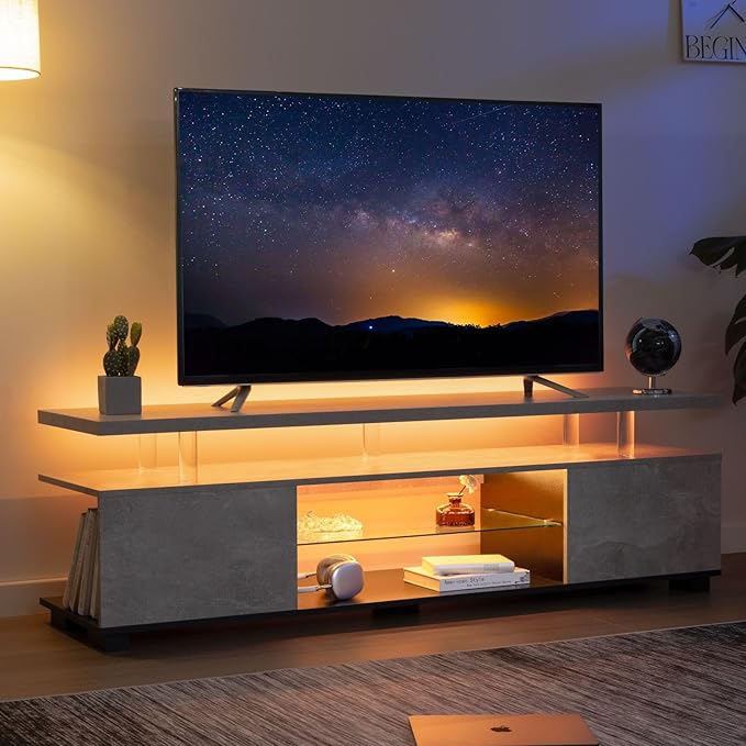 Cubehom Grey TV Stands for Living Room, Glass TV Stand, LED TV Stand for 75+