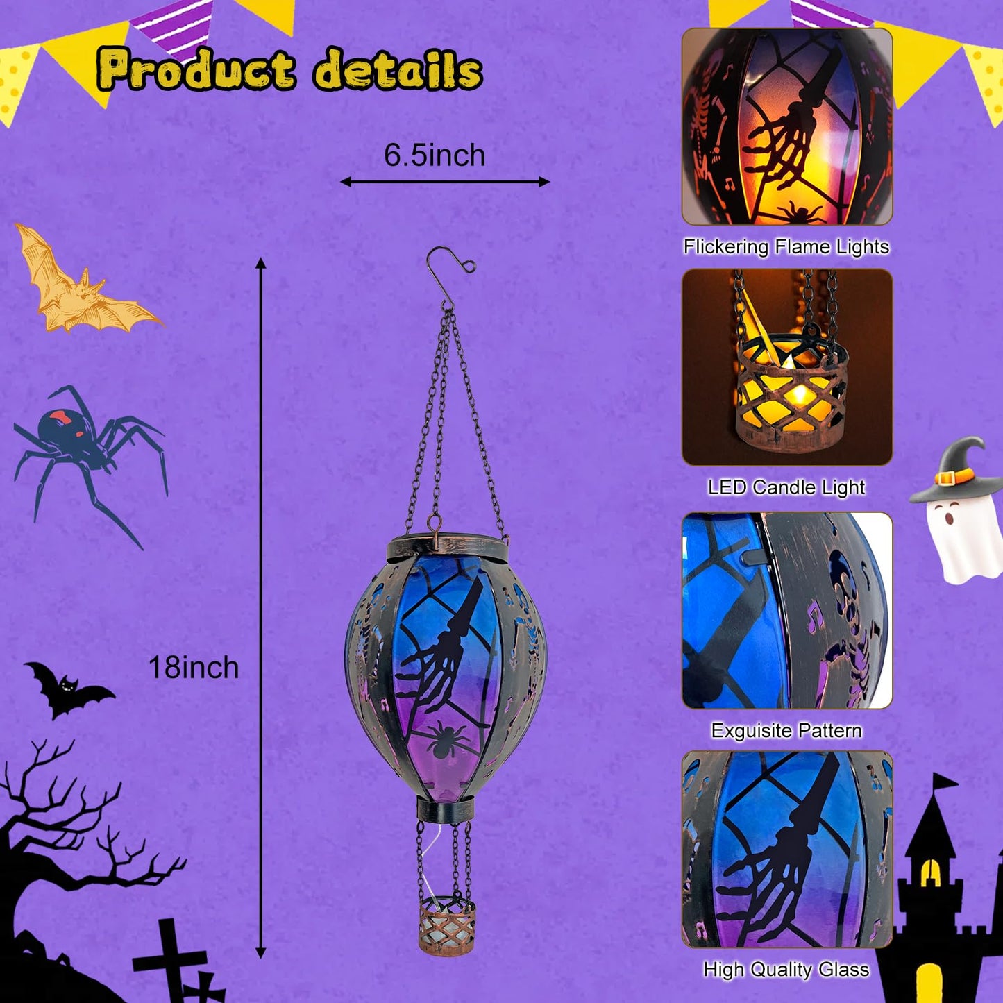 Halloween Outdoor Decorations Hot Air Balloon Solar Lantern with Flickering Flame, Hanging Outdoor Lanterns with Skull Pattern Hollowed-Out Design Halloween Party Decor for Garden, Patio (Halloween)