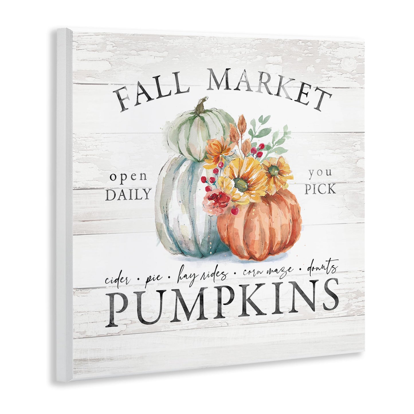 Stupell Industries Fall Market Pumpkins Rustic Country Sign Autumn Florals, Design by Courtney Morgenstern, Wall Plaque, 12 x 12