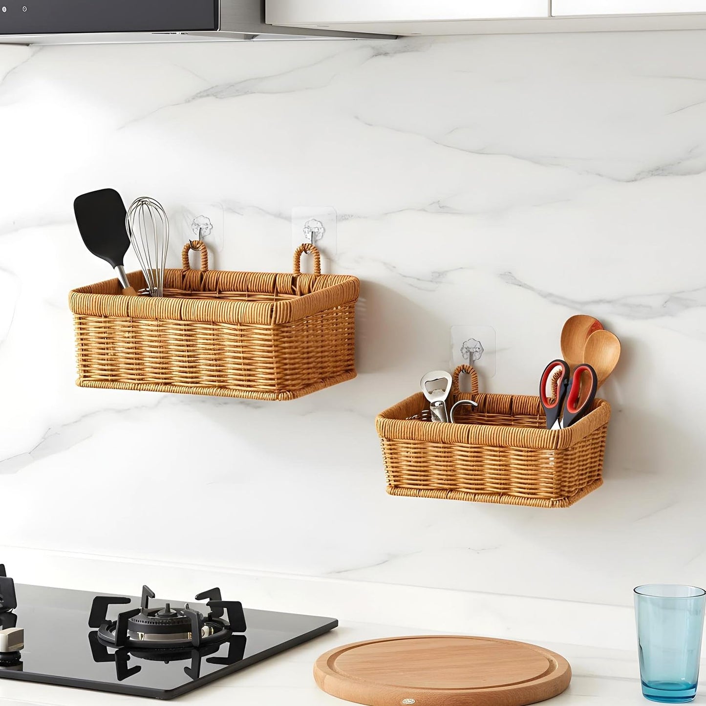 2 Pcs Wall Hanging Basket Wall Mount Pantry Fruit Basket Boho Style Decor Storage Baskets Adhesive Bathroom Cabinet Organizer for Bathroom Kitchen Garden Living Room with 4 Hooks