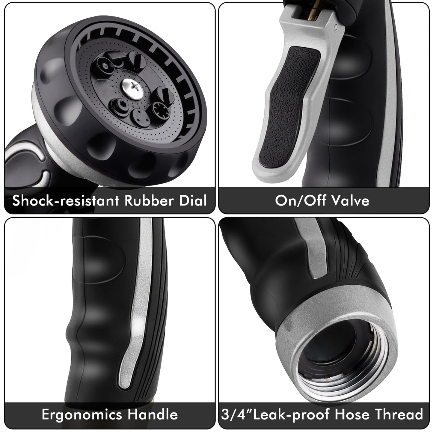 RESTMO Hose Nozzle with Easy Self-Lock Trigger, Heavy Duty Metal Water Hose Sprayer with 9 Spray Patterns and On/Off Valve, Ideal for Outdoor Lawn & Garden Watering, Car & Pet Washing, Silver