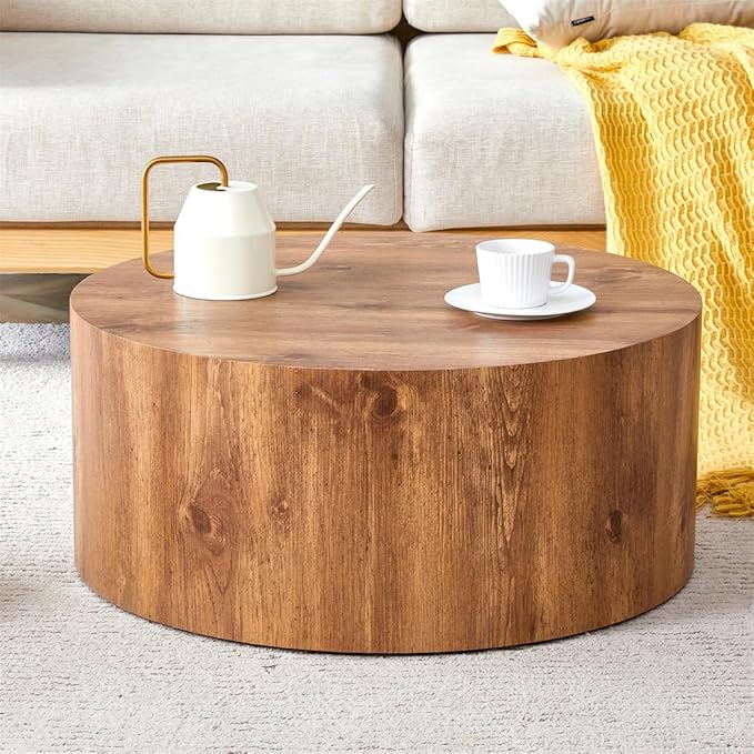 Round Coffee Table, 23.6" Modern Wood Drum Coffee Table, Round Accent Center
