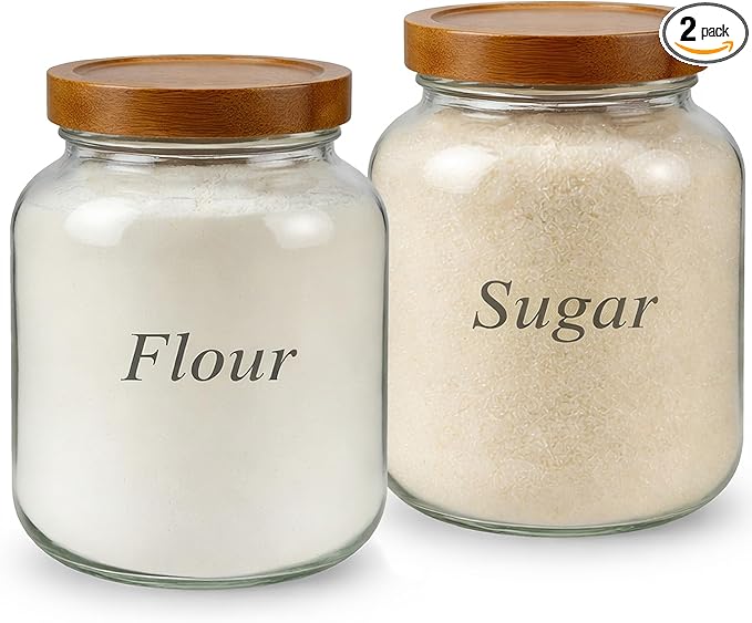 Set of 2 Cookie Jars with Airtight Lid, 1/2 Gallon Glass Jars with Acacia Wooden Lid, 64 oz Wide Mouth Mason Jar for Coffee, Sugar, Candy, Pasta, Oats