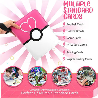 Card Binder 4 Pocket, Trading Card Holder Fits 400 Cards With 50 Removable Sleeves, Portable Collection Card Ablum, Game Card Case book With Zipper for Gift Pink