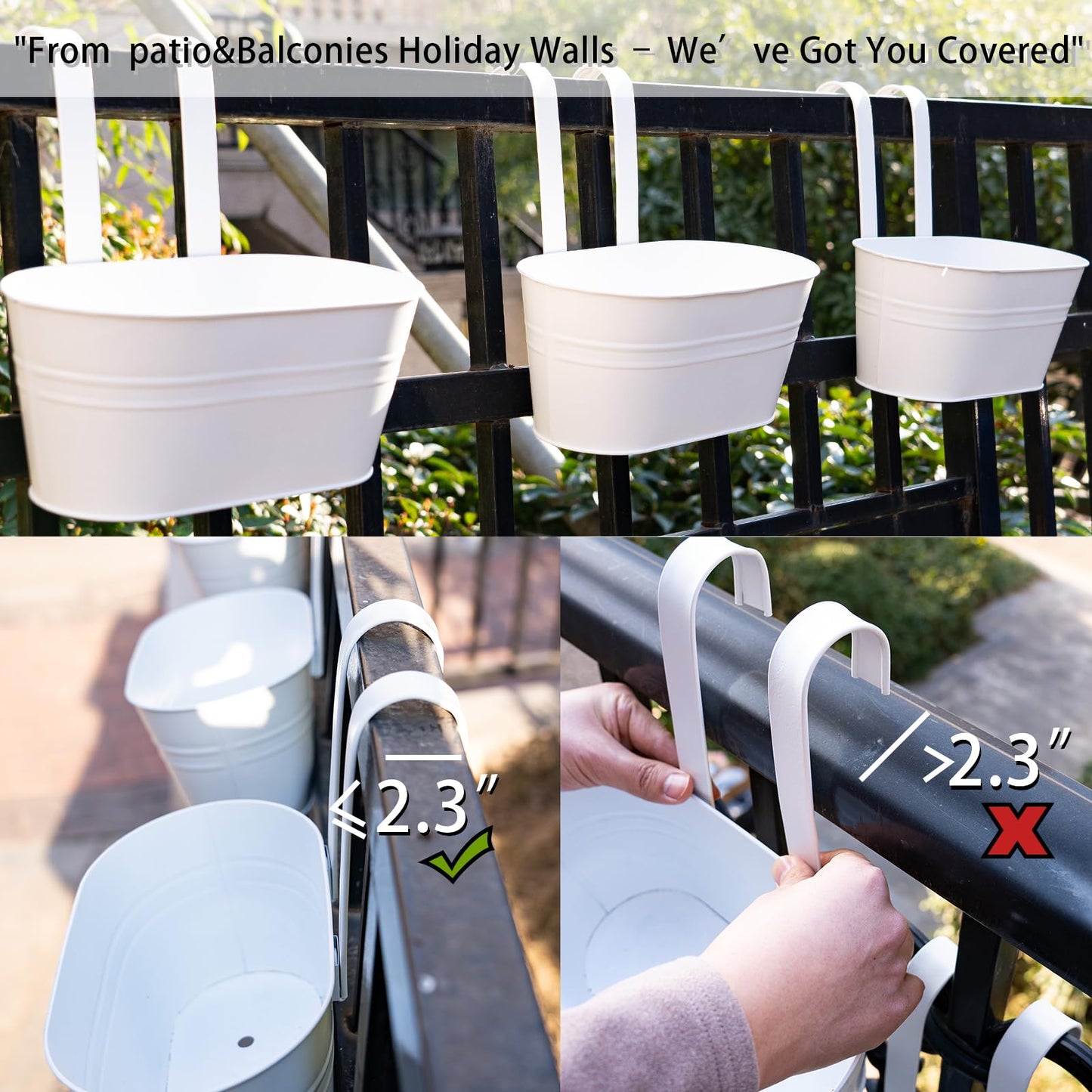 pansparade 3 Pack Metal Hanging Flower Pots for Railing Fence，Outdoor Balcony Rail Planter with Detachable Hooks Drainage Holes for Deck Garden Home Decor White