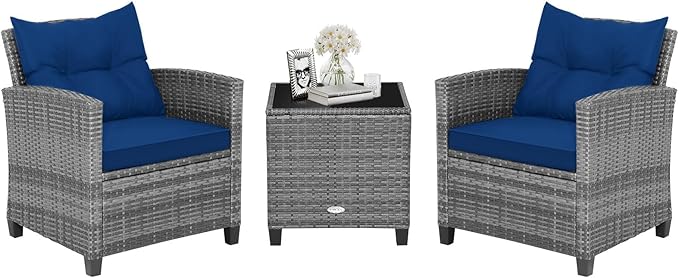 HAPPYGRILL 3 Pieces Patio Conversation Set, Outdoor Furniture Set PE Rattan