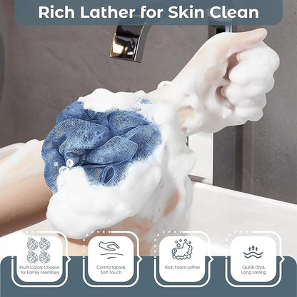 Rnoafmu Shower Loofah Bath Sponge, 60G Loofah Exfoliating Body Scrubber, 4 Color Mesh Shower Pouf Balls for Body Wash (Blue Gray Green Dark Green)