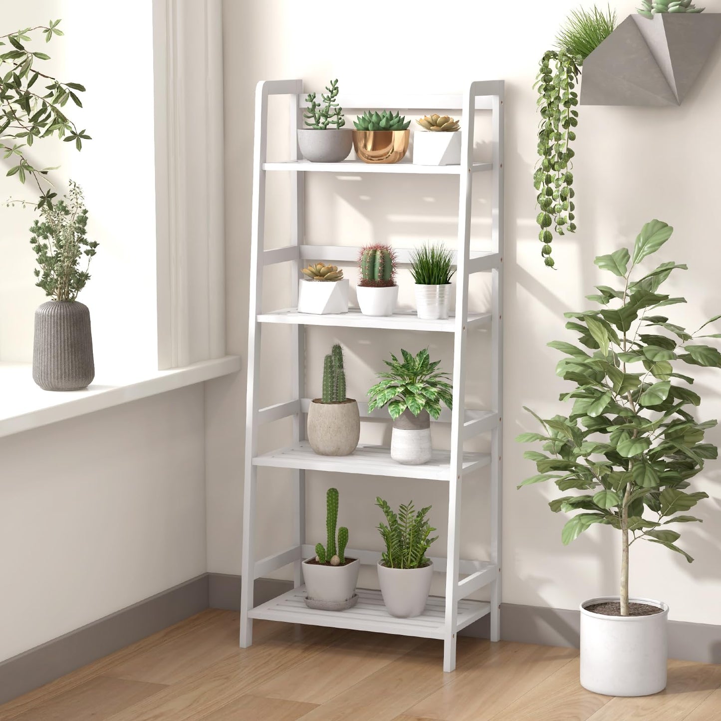Giantex 4-Tier White Ladder Shelf, Bamboo Open Bookcase Book Shelf with Storage, 47.5" Freestanding Display Shelving Unit Plant Stand Rack Organizer, Shelves for Bedroom, Living Room, Home Office