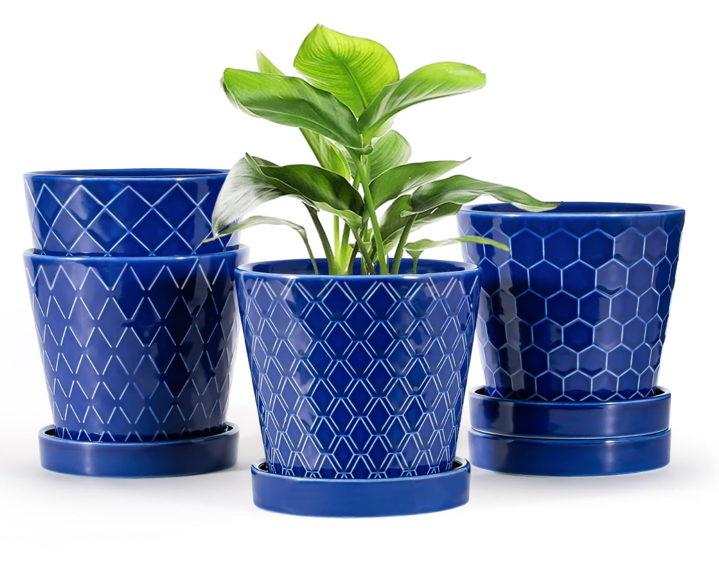 EFISPSS Ceramic Plant Pots, 5Inch Pots for Indoor Plants, Planters with Drainage Holes and Ceramic Tray,Plant Lover Gift, Desktop Office Windowsill Decoration Gift Set of 4 - Blue