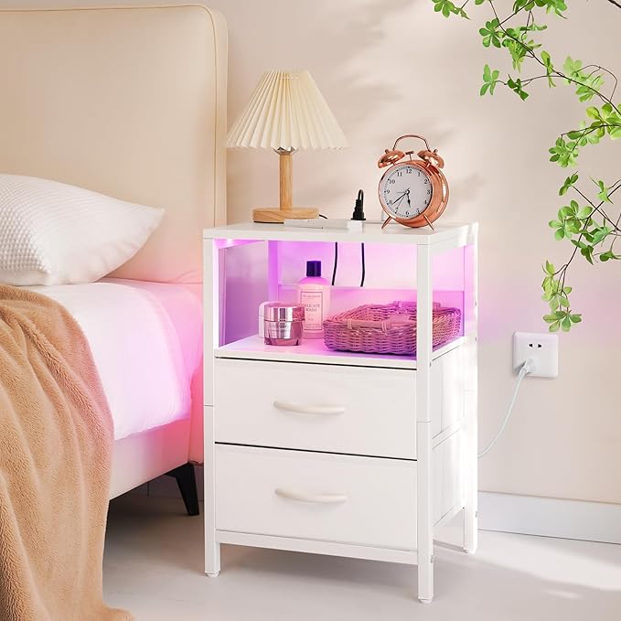 Yoobure Nightstand with Charging Station, LED Night Stand with Fabric Drawers