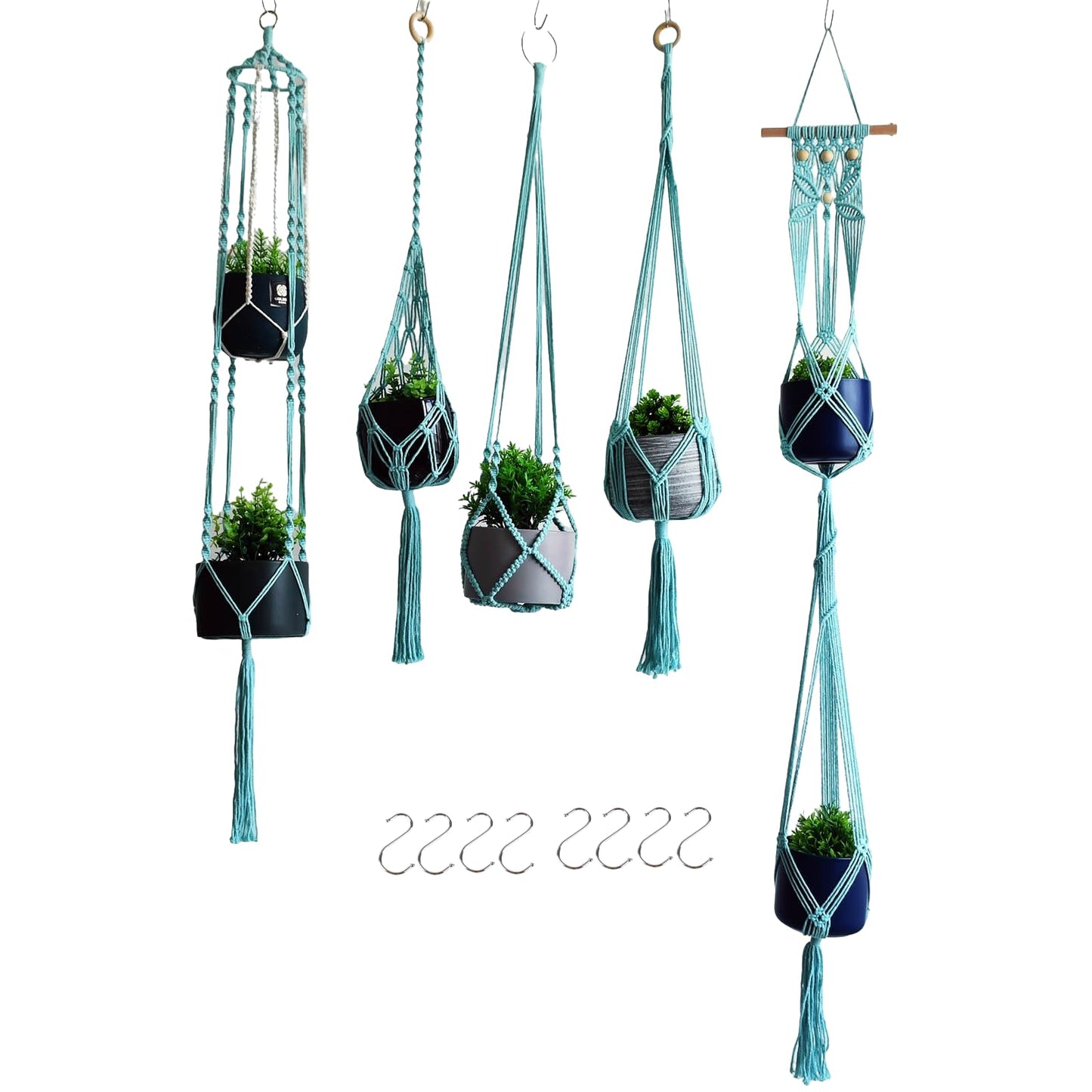 Macravine 5-Pack Boho Plant Hangers, Indoor Hanging Basket for Pot, Hanging Planters for Balcony/Home/Window/Porch, Ceiling, Boho-Chic Home Decor, Mint Blue, 40" 50" 63" (No Pot & Plant Included)