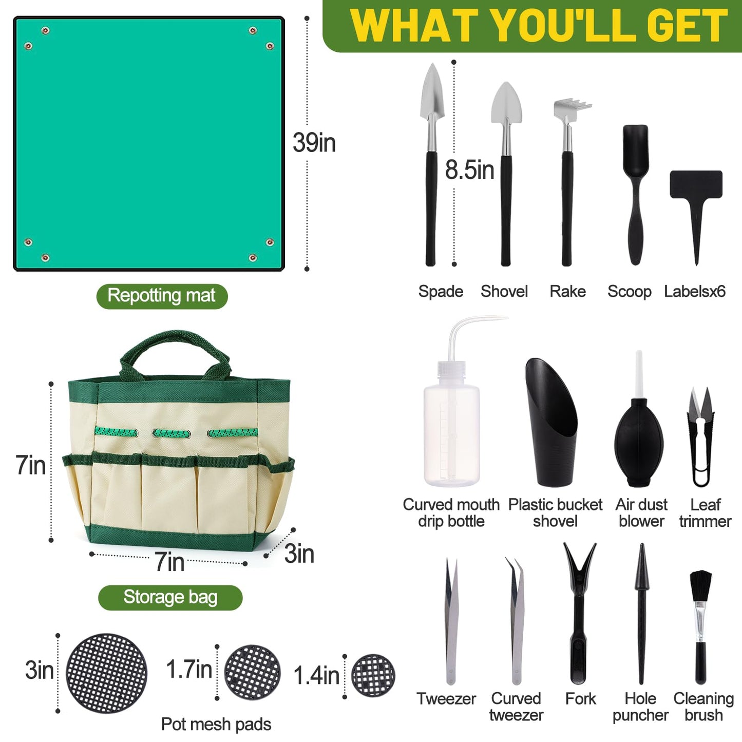 44pcs Small Gardening Tools Gifts for Women Beginners - Garden Hand Tools Set for Indoor Succulent Bonsai Plants Transplanting, Included Bag/Repotting Mat/Shovel/Labels, Green