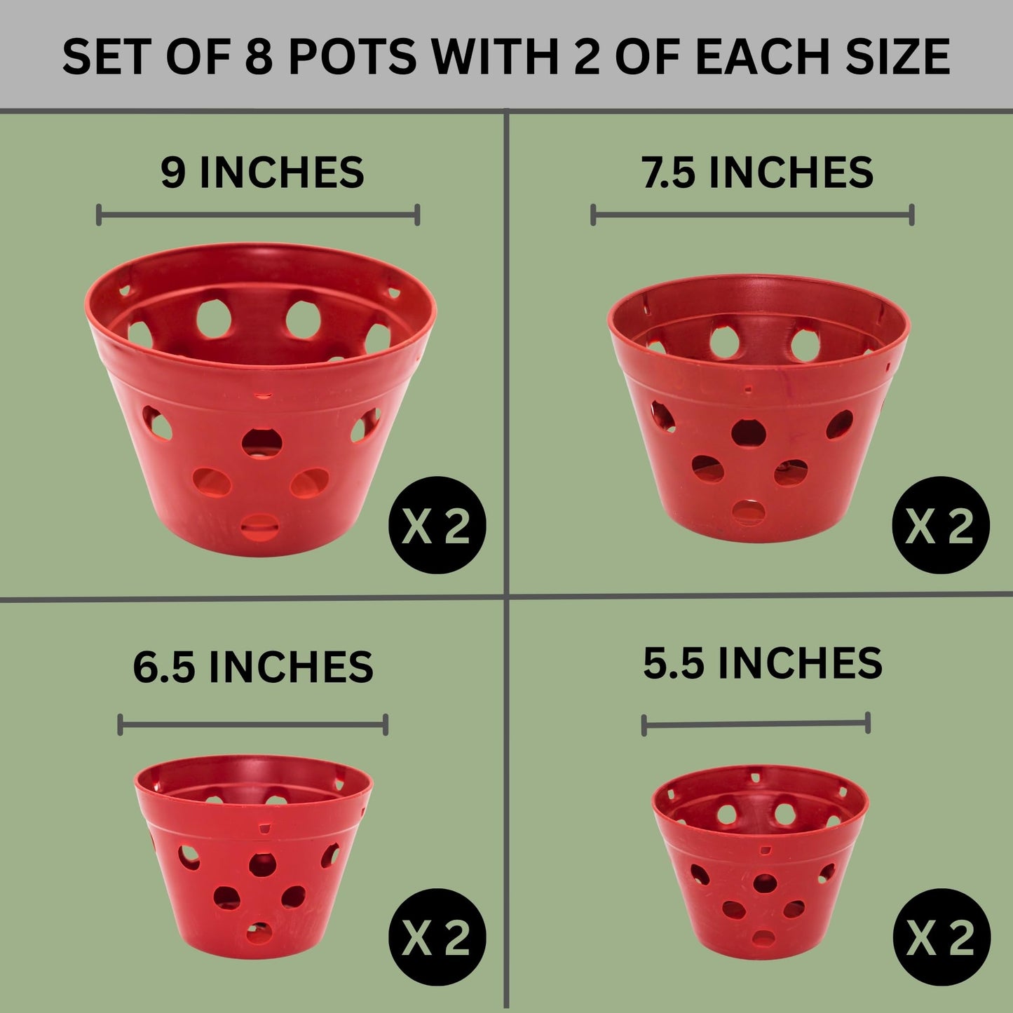 DESQUIGGLE Set of 8 Strong Thick Plastic Hanging Orchid Pots with Holes and Hangers. 2 Each of 9 Inches Wide, 7.5 Inches, 6.5 Inches, 5.5 Inches, Orchid Pots for Repotting, Orchid Planters