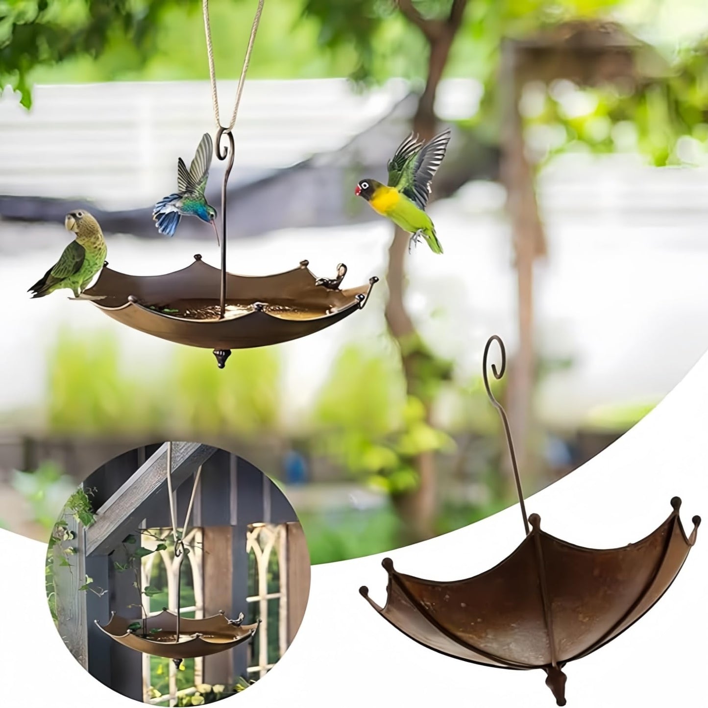 Hanging Bird Feeder Tray Bird Bath for Outdoors, Umbrella Shaped Wild Bird Feeders Tray for Bath, Hummingbird Feeder for Outside, Metal and Water Bowl, Garden Backyard Decor, Brown