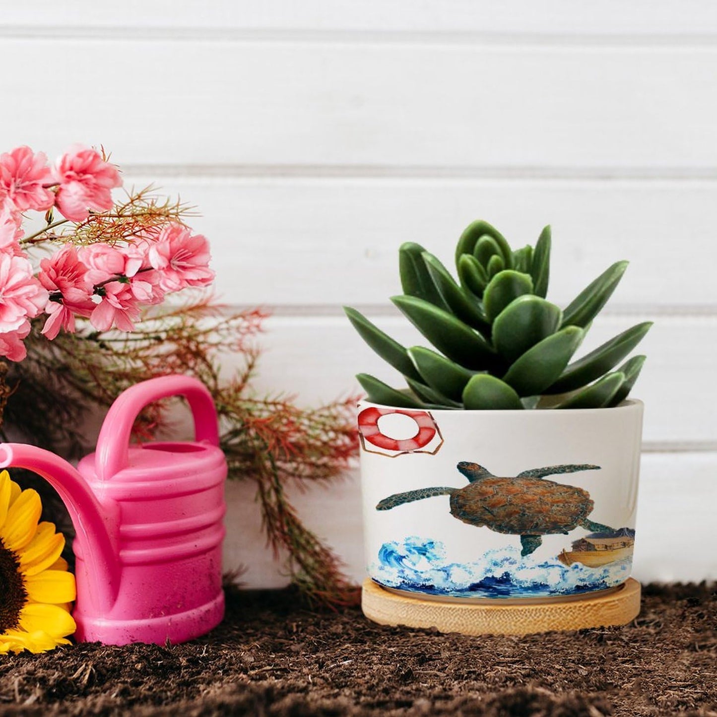 DreamAutumn Ocean Theme Sea Turtle Ceramic Planters Ceramic Pots with Saucers Orchid Pots for Plants Succulents Pots Office Desk Garden Balconys New Home Decor,Gifts for Mom Mother Grandmother