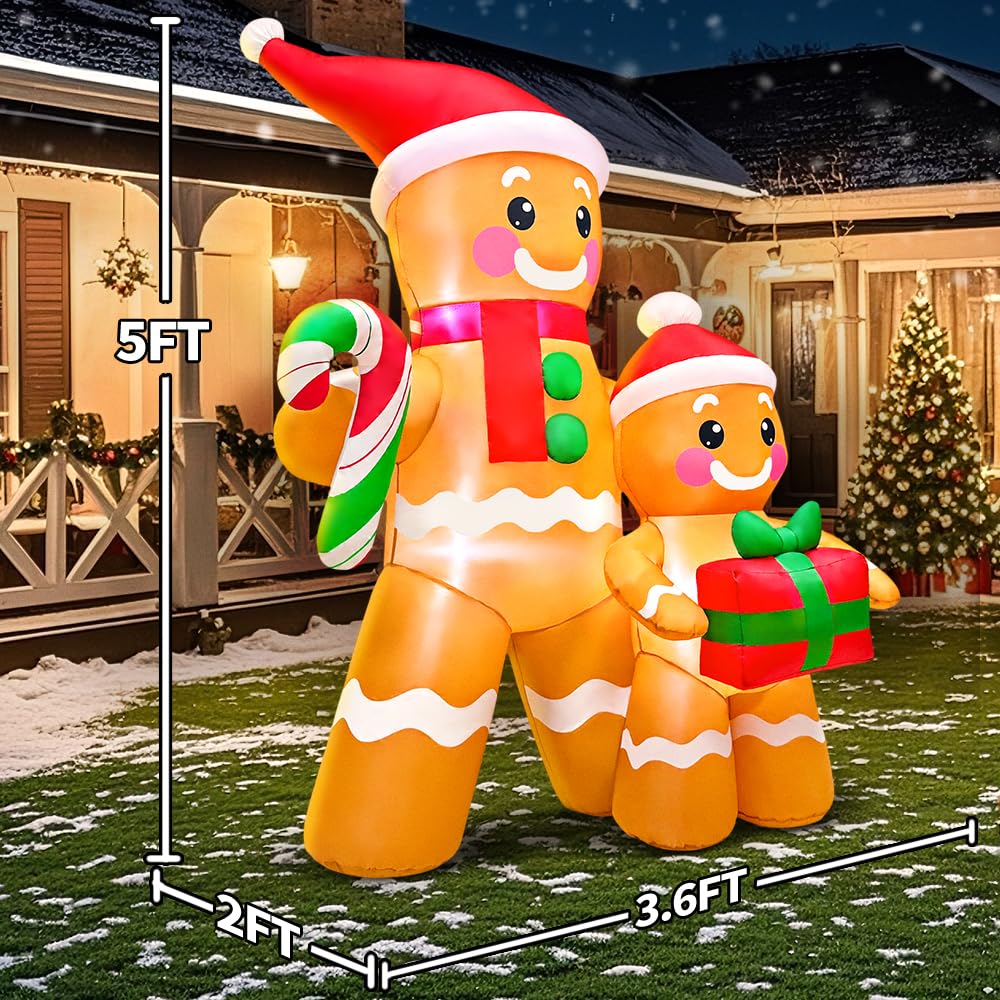 5FT Christmas Inflatables Outdoor Decorations Inflatable Gingerbread, Built in LED Lights Blow up Yard Decorations for Xmas Holiday Party Indoor Garden Lawn Décor