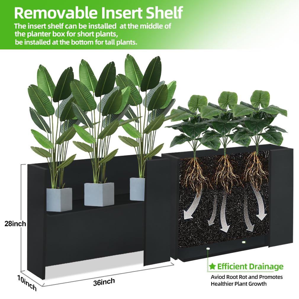 Megawodar Metal Tall Long Planter Box Large Rectangular Planter Flower Pot with Drainage Holes for Indoor Outdoor Deck Porch Garden Home Patio Front Door (Black, 36" L x 10" W x 28" H)