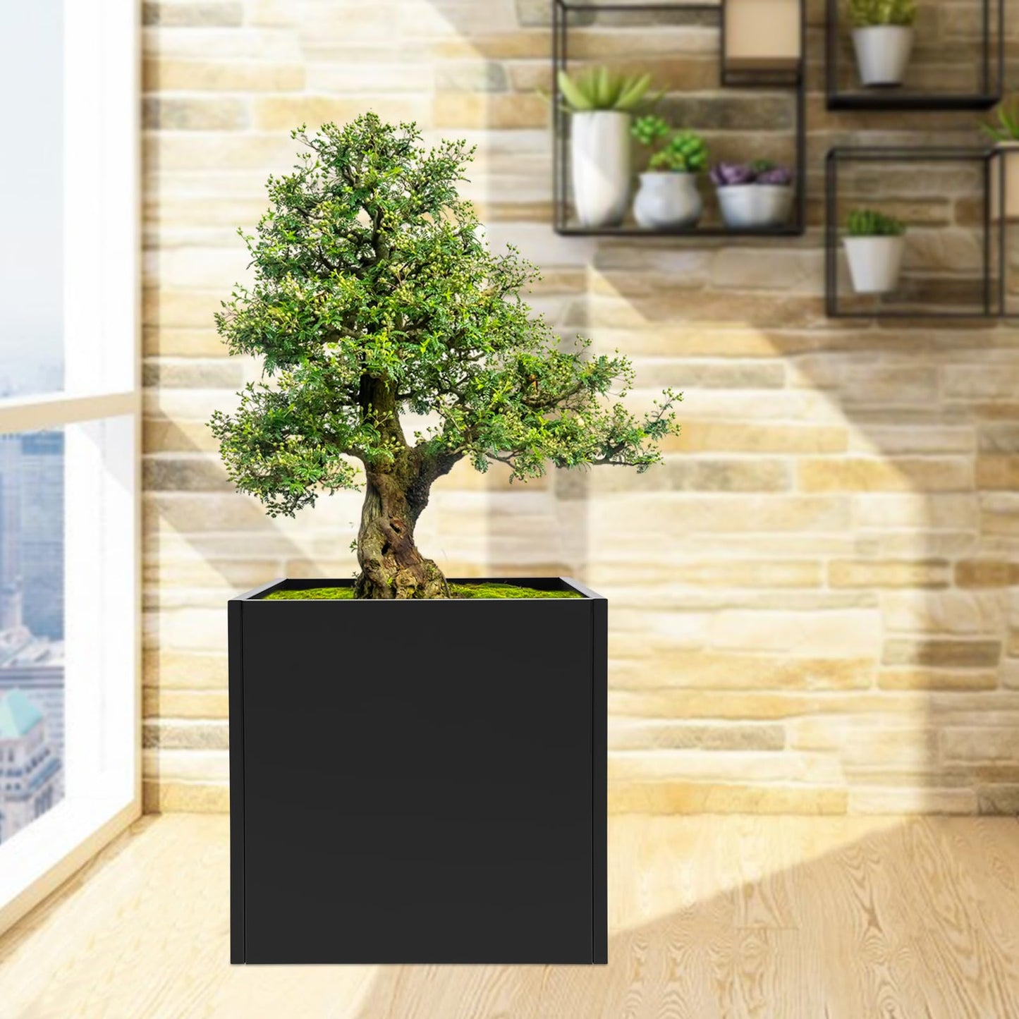 JJIESHENG Square Metal Planter Box, Galvanized Steel Planters Box, 26" L x 26" W x 26" H Large Black Planters Outdoor Cube Heavy Duty Flower Pot with Drainage Hole for Patio, Yard, Garden