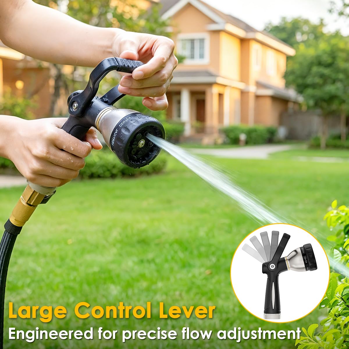 FANHAO Heavy‑Duty Metal Fireman Style Hose Nozzle, High Pressure Garden Water Sprayer with 8 Spray Patterns, Lever Control Ergonomic Grip Garden Sprayer for Lawn, Car Washing & Outdoor Cleaning