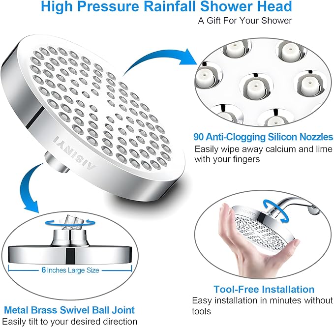 High Pressure Rainfall Shower Head, 6 Inches Luxury Modern Showerhead with Perfect Adjustable Replacement, Removable Restrictor, Easy Installation for Your Bathroom Shower Heads(Chrome Plated)
