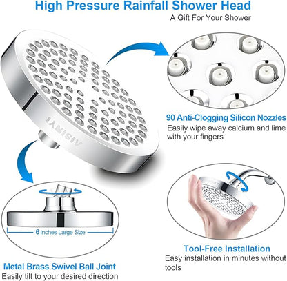 High Pressure Rainfall Shower Head, 6 Inches Luxury Modern Showerhead with Perfect Adjustable Replacement, Removable Restrictor, Easy Installation for Your Bathroom Shower Heads(Chrome Plated)