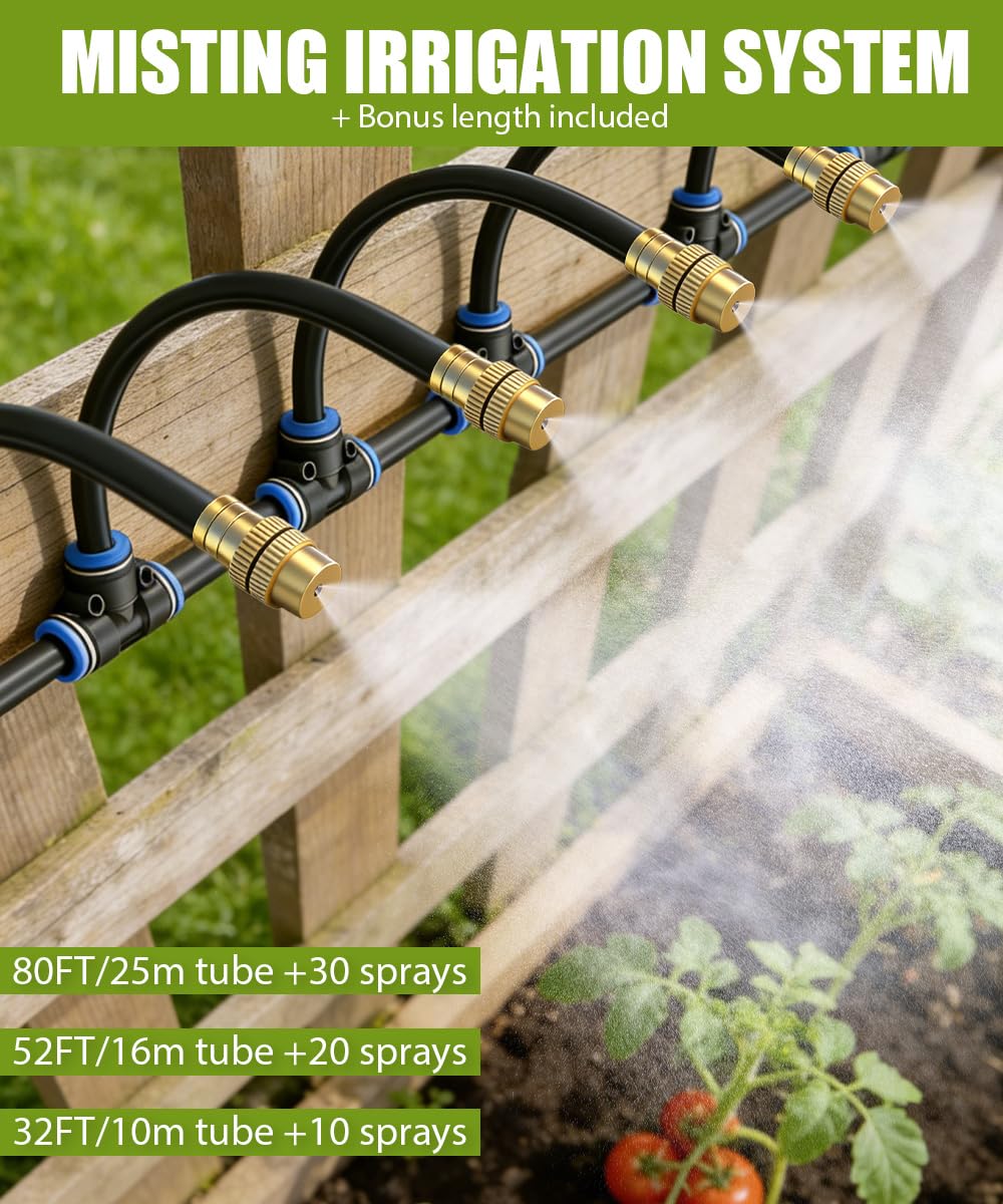 80FT Easy-Snap Garden Irrigation System for Raised Beds & Greenhouses, Upgraded 8mm (5/16") High-Flow PE Tubing with 30 Bendable 360° Copper Nozzles, Quick-Connect Plant Watering Kit (Not 1/4" Tube)