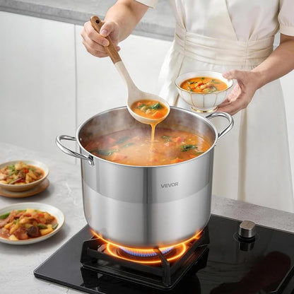 VEVOR Stainless Steel Stock Pot, 16QT Stainless Steel Stockpot with Glass Lid, PFOA-Free, PFAS-Free, Compatible with Gas Stoves, Induction Cooktops, Electric Stoves, for Soups, Stews, and Pasta