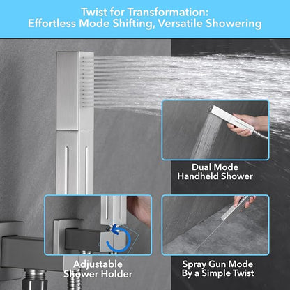 VANFOXLE Shower Faucet Set Brushed Nickel Shower System, Push Button Diverter Shower Faucet with Trim Kit, Ceiling Mount 10 Inch Shower Head Increased Thick, 6 Inch Side Shower Head, 2-in-1 Handheld