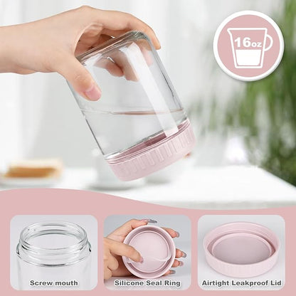 SHOWIN Overnight Oats Containers with Lids, 16oz Glass Jars with Lids 8 pcs, Pink, Wide Mouth Mason jars for Salad, Yogurt, Snacks, Meal Prep