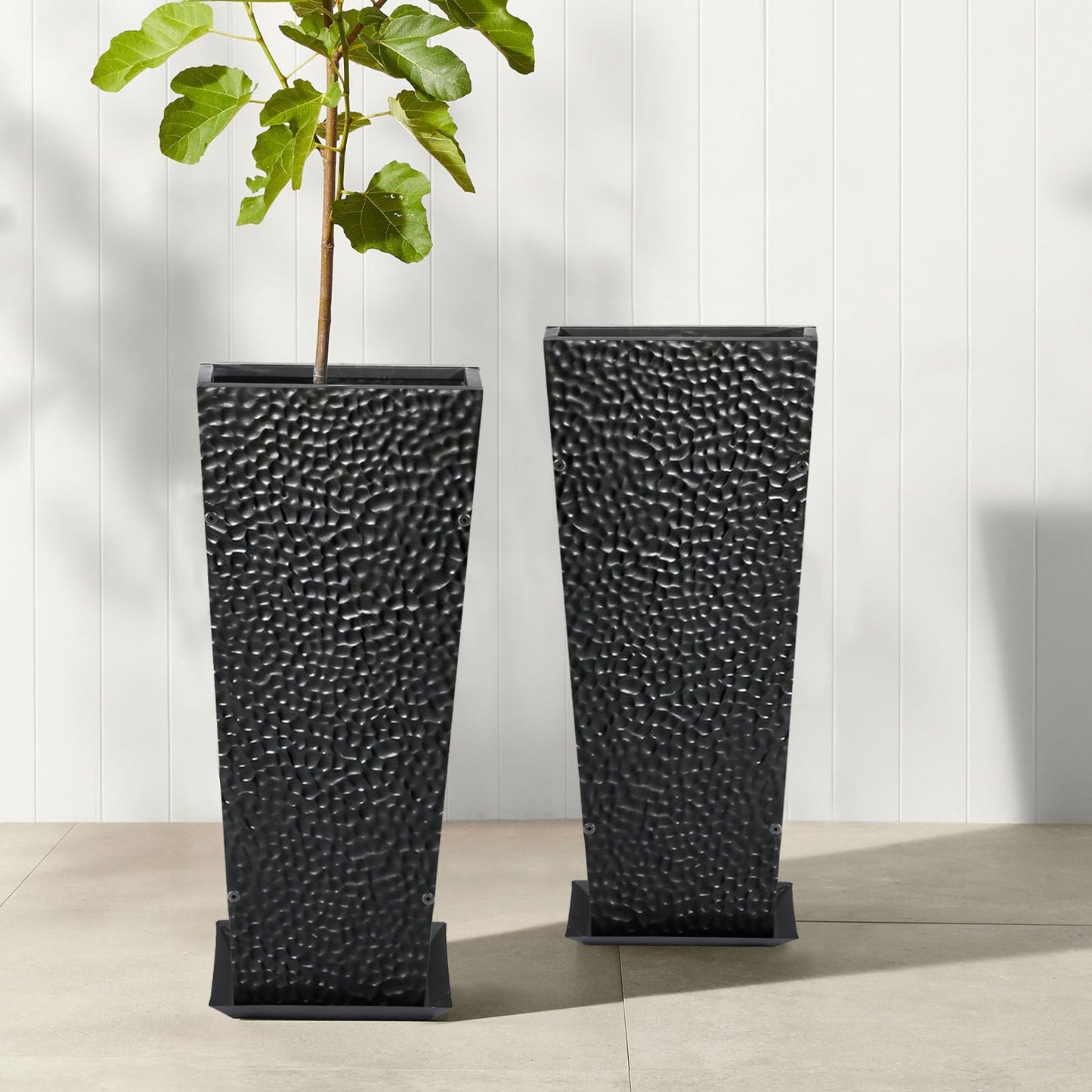BAYN 2-Pack 24" Tall Metal Planter – Hand-Hammered Textured Large Black Flower Pots Box with Saucer for Outdoor&Indoor, Garden, Porch, Patio, Yard with Pre-Drilled Drainage Holes