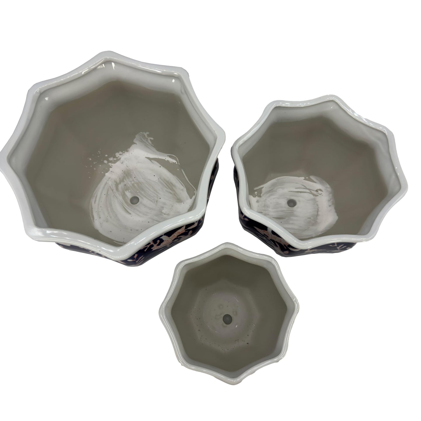 Galt International Blue & Pink Round Fluted Floral Porcelain Ceramic Plant Flower Planter Pot Set of 3 (7.5", 10", 13") Garden Pots Chinese Asian Design