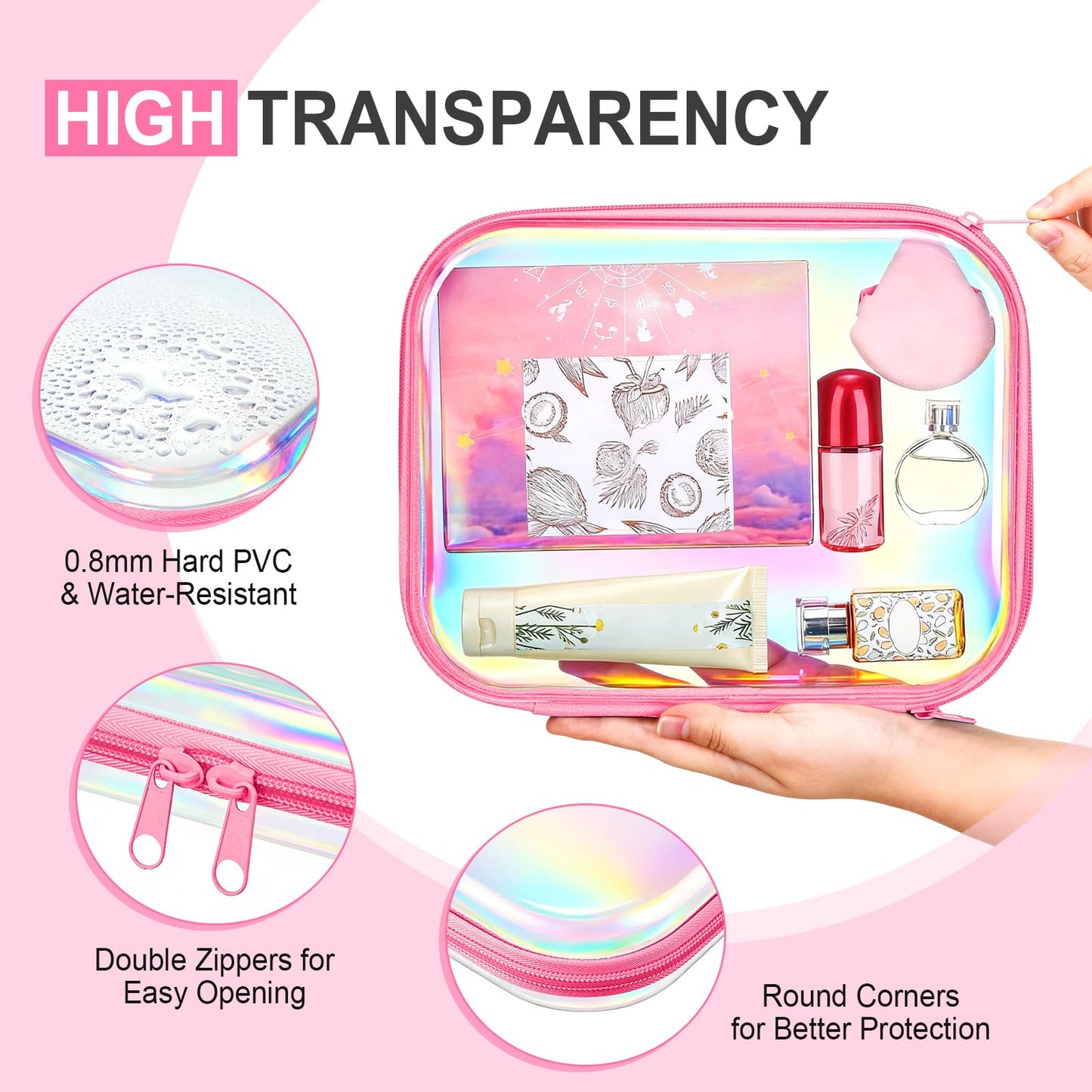 Hoolerry 3 Pcs Clear Hard Zipper Case Hard Plastic Zipper Pouch Makeup Bag Portable Travel Organizer for Cosmetics, Office Supplies, Documents & Toiletries(Laser,M)