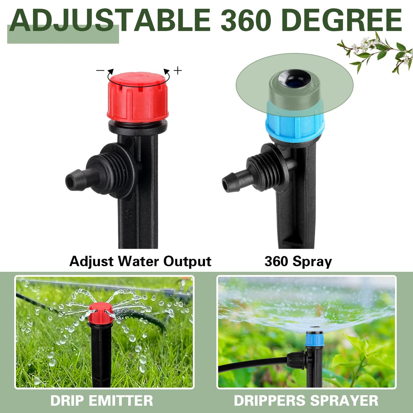 Glooglitter 100 Pcs Drip Irrigation Emitters for 1/4" Tubing 50 Micro Irrigation Emitters Sprayer 50 Adjustable 360 Degree Water Flow Drippers for Garden Irrigation System(Red, Blue, Latch)