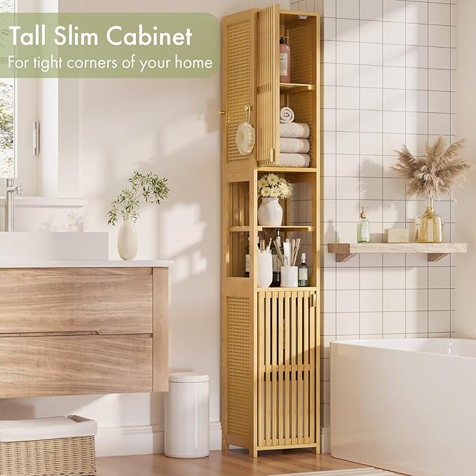Amazer 70'' Tall Bathroom Storage Cabinet Bamboo, Narrow Storage Cabinet