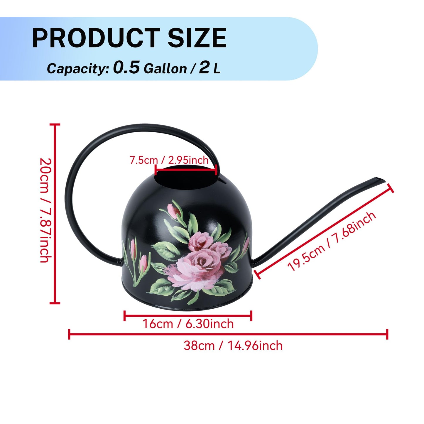 MOYEE Small Black Metal Long Spout Watering Can Outdoor Indoor Spray Bottle for Plants Hand Drawn Patterns,1/2 Gallon Plant Mister Durable Metal Structure Lawn Garden Watering Equipment