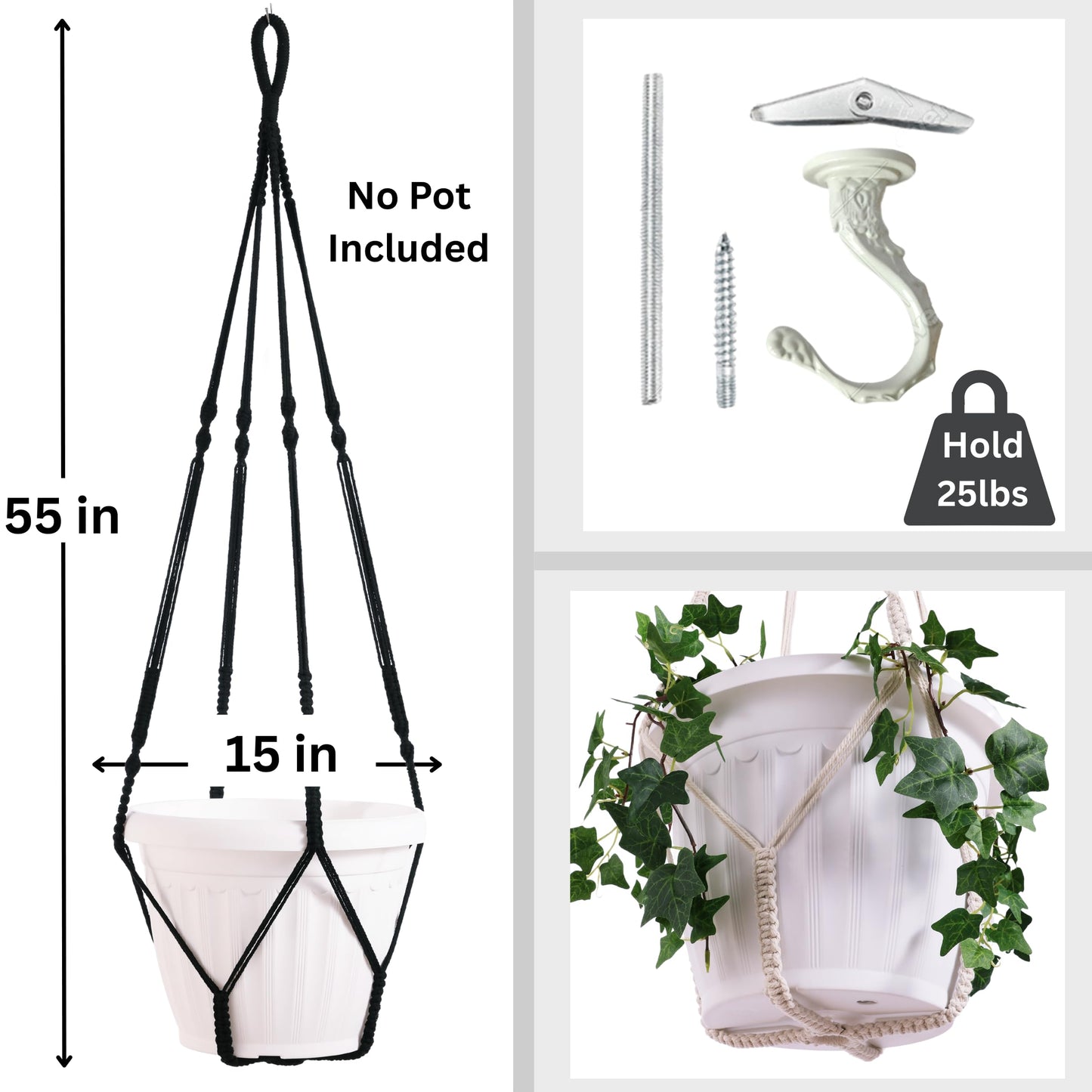 Shineloha Giant XXL 55 Inches Macrame Planter Hanger Large for 15 inch Pot + Swag Hook | Extra Large Hanging Planter for Indoor Plants | No Pot/Plant Included (XXL Black)