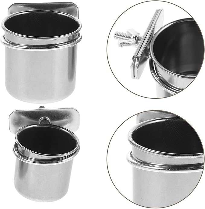LALAFINA Stainless Steel Parrot Feeding Cups with Clamp Holders, 2pcs Bird Food Bowls 4.4cm 5.5cm for Cage Coop Feeding, Compatible with Cockatiel Budgie Parakeet