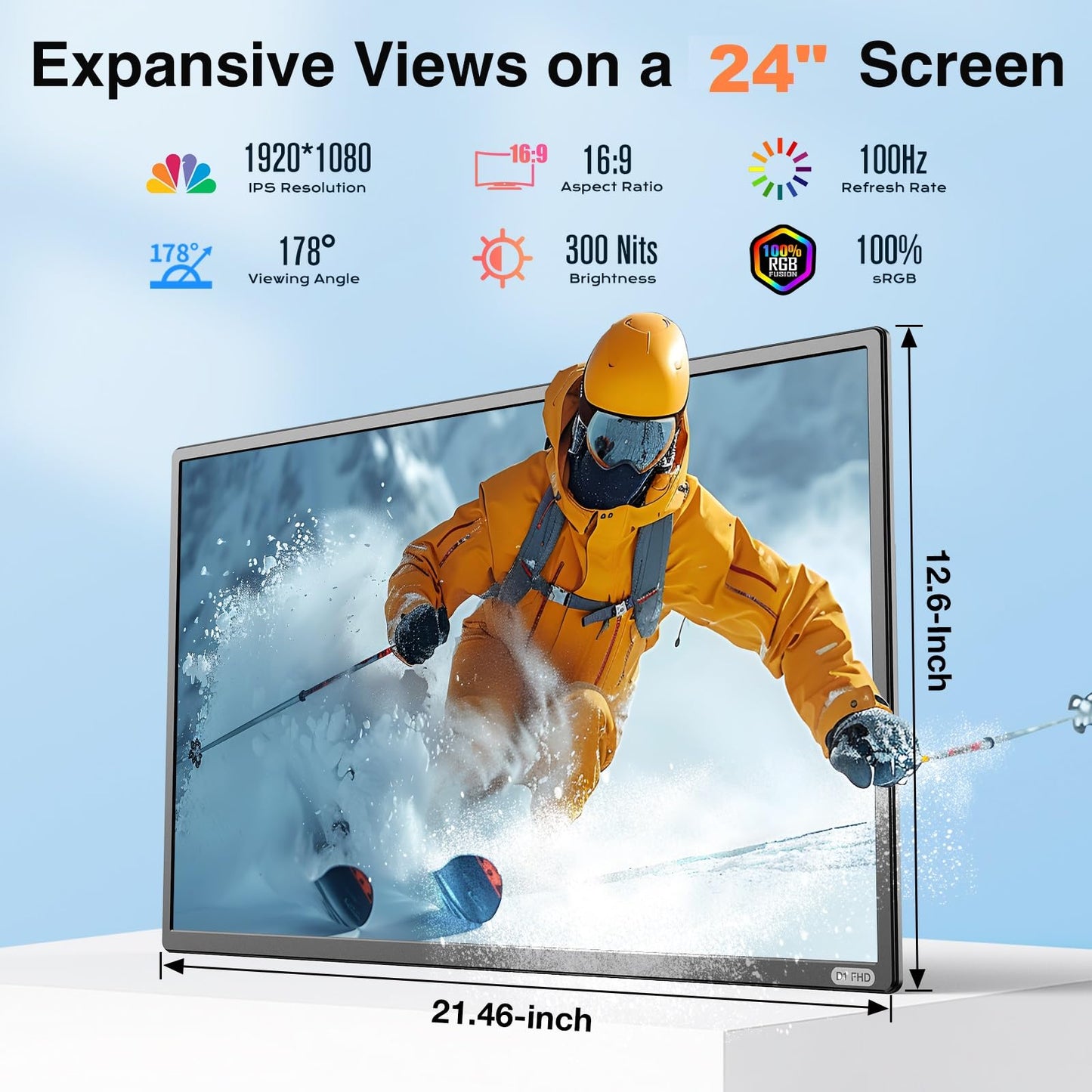 24" Large Portable Monitor, 1080P FHD 100Hz IPS Monitor, Height-Adjustable & Rotatable Screen(Horizontal/Vertical), Built-in Speakers, Requires Wall Outlet, Travel Monitor for Laptop / MacBook / PC
