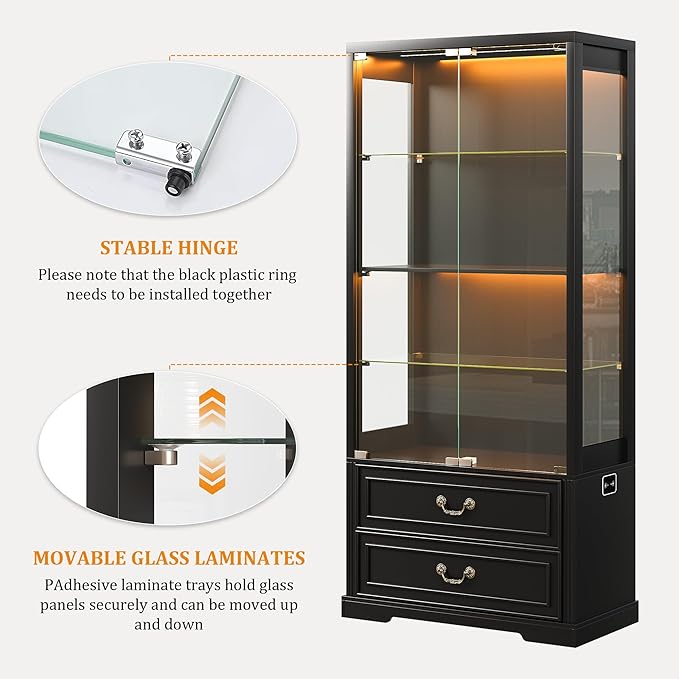 FREDEES Display Cabinet with Glass Doors, Tall Bookcase with 3 Color Lights and