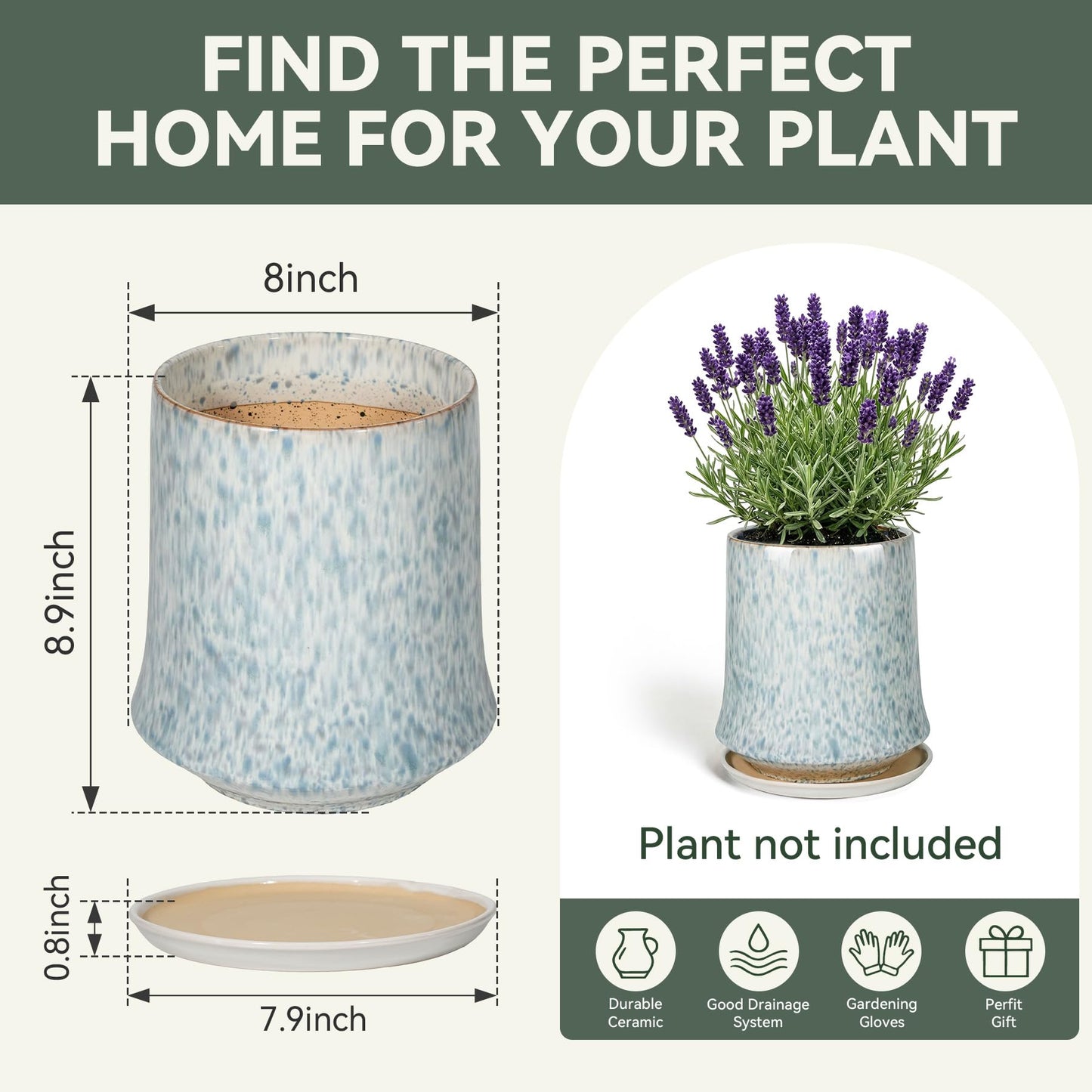 TOSELBAI 8 Inch Ceramic Planter Pot with Saucer Drainage Leak-Proof Mesh,Flower Pots for Lavender with Gardening Gloves,Ceramic Planter for Orchid(Light Blue)