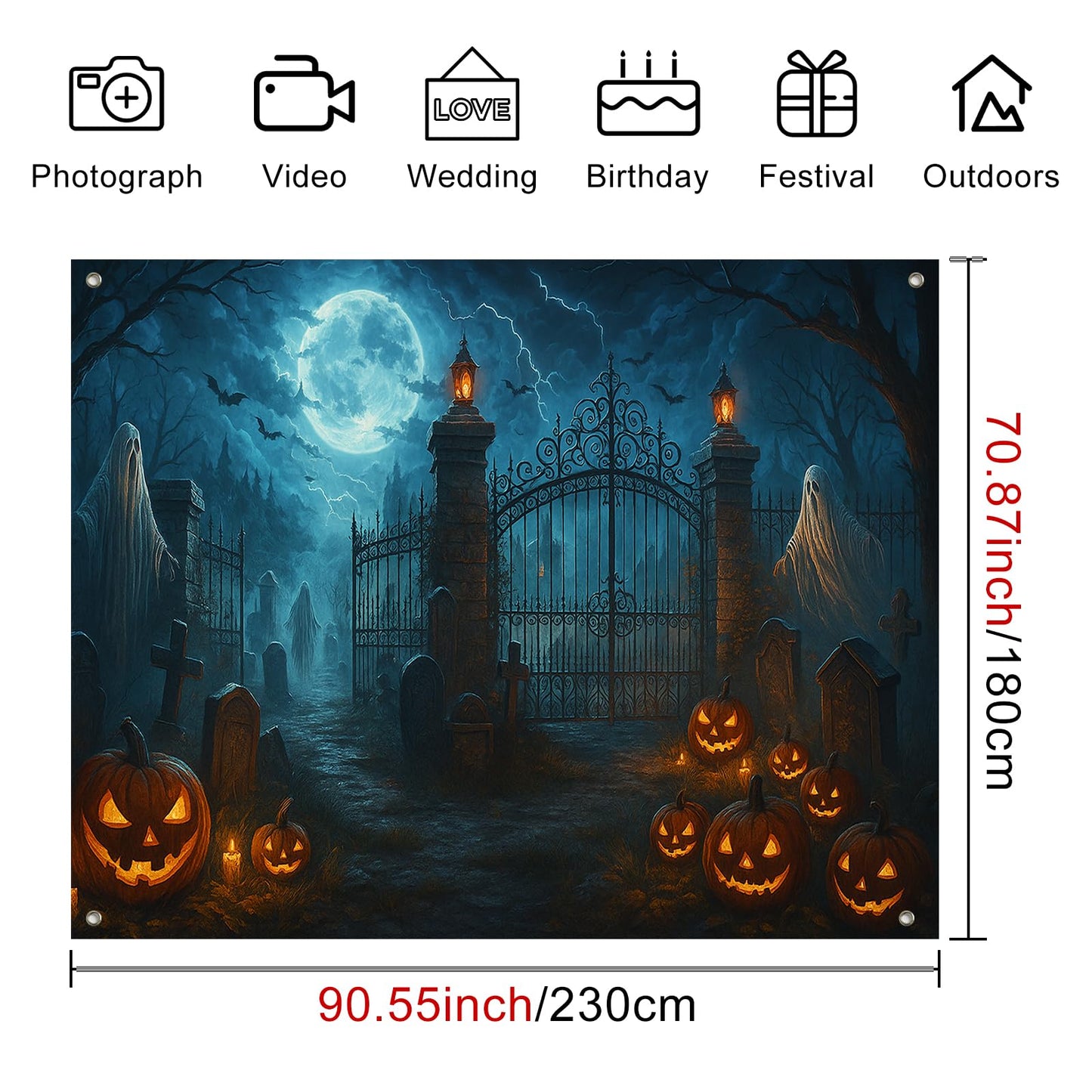 BlissYard Halloween Backdrop Banner for Party Decoration Photography Haunted Graveyard Ghosts Glowing Lanterns Full Moon 8x6ft Perfect for Spooky Halloween Party Horror Events