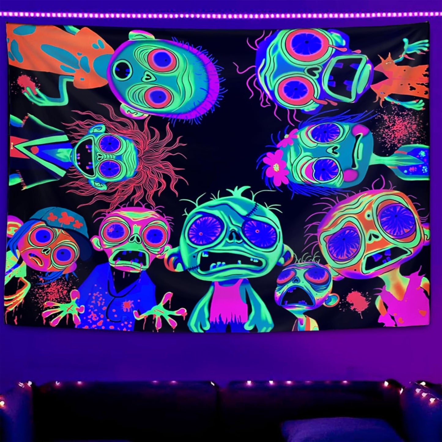 Horror Tapestry Blacklight Tapestry for Bedroom Zombie Crowd Around Tapestries UV Reactive Poster Glow in the Dark Walker Undead Ghoul Tapestries Wall Hanging Halloween Decor Scary Room Decor 90"x71"