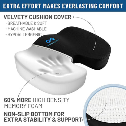 Everlasting Comfort Doctor Recommended Memory Foam Seat Cushion for Office Chairs & Car - Ergonomic Office Desk Accessories - Cushions for Tailbone Pain Relief, Sciatica (Black, X-Large)