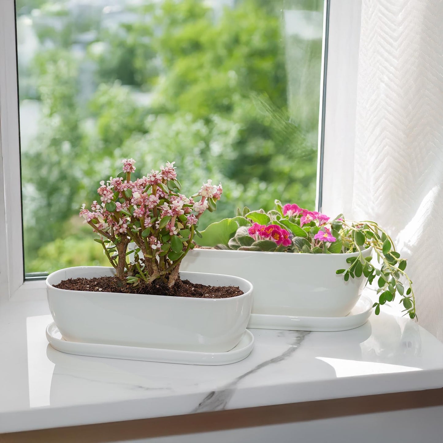 E-liu Ceramic Plant Pots, 11+14 inch, Set of 2, Planters with Drainage Holes Saucers and Mesh Pads, Indoor Flower Succulent Pot with Hole Mesh Pad, Gifts for Mom, Plants Not Included