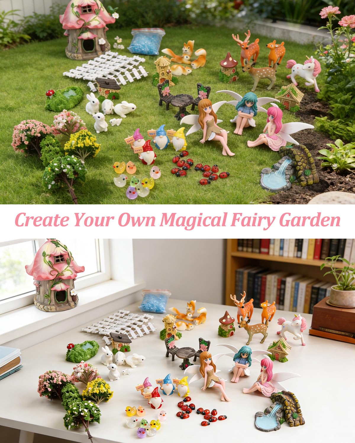 113PCS Fairy Garden Accessories Kit with Solar Light-Up House & 2 Gift Bags – Waterproof Resin Miniature Fairy House & Accessories for Indoor & Outdoor Terrarium, Planter & Garden Decor Gift